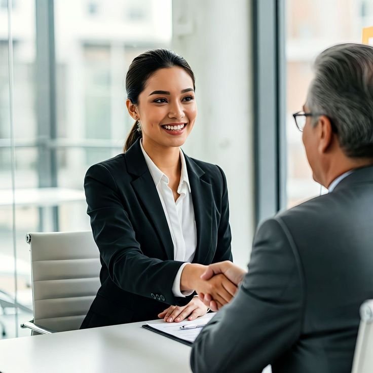 Une photographie professionnelle et chaleureuse montre une femme d'affaires souriante serrant la main d'un homme d'affaires assis en face d'elle, de l'autre côté d'un grand bureau en bois poli. La scène se déroule dans un bureau exécutif moderne et luxueux, à la tombée de la nuit, avec une vue imprenable sur une skyline urbaine illuminée à travers de grandes baies vitrées.
La femme d'affaires, au premier plan à droite, est jeune et d'origine asiatique. Elle a les cheveux attachés en une queue-de-cheval nette et porte un blazer noir ajusté sur une chemise blanche ouverte au col, ainsi qu'un collier doré minimaliste et une montre de luxe au poignet. Elle sourit chaleureusement et directement en direction de l'homme, tout en tenant sa main dans une poignée de main ferme et professionnelle.
L'homme d'affaires, vu de dos-trois quarts à gauche, est plus âgé avec des cheveux gris coiffés en arrière et porte des lunettes. Il porte un costume gris foncé et une montre dorée au poignet gauche, qui est engagée dans la poignée de main.
Le décor est riche et soigné. Derrière la femme d'affaires, un mur est revêtu de panneaux de bois sombre texturé et d'une section en marbre poli. Fixé sur le bois, un grand panneau décoratif affiche le texte "CONSULTING GROUPE" en lettres dorées en relief. Sur le bureau en bois verni, on distingue une pochette en cuir marron avec un logo embossé, un stylo de luxe dans son porte-stylo et la montre de la femme. La ville s'étend en arrière-plan sous un ciel de crépuscule. La lumière est douce et d'ambiance, mettant en valeur les textures du bois, du marbre et des vêtements. La composition est équilibrée et inspire confiance et succès.